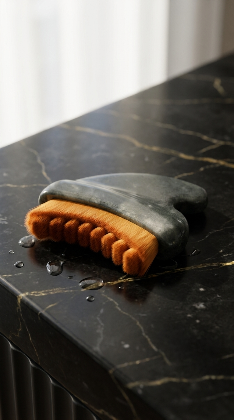 ORAVELLE face brush on black marble with gold veining