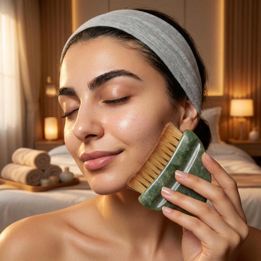 Woman using the ORAVELLE lymphatic drainage face brush along her jawline