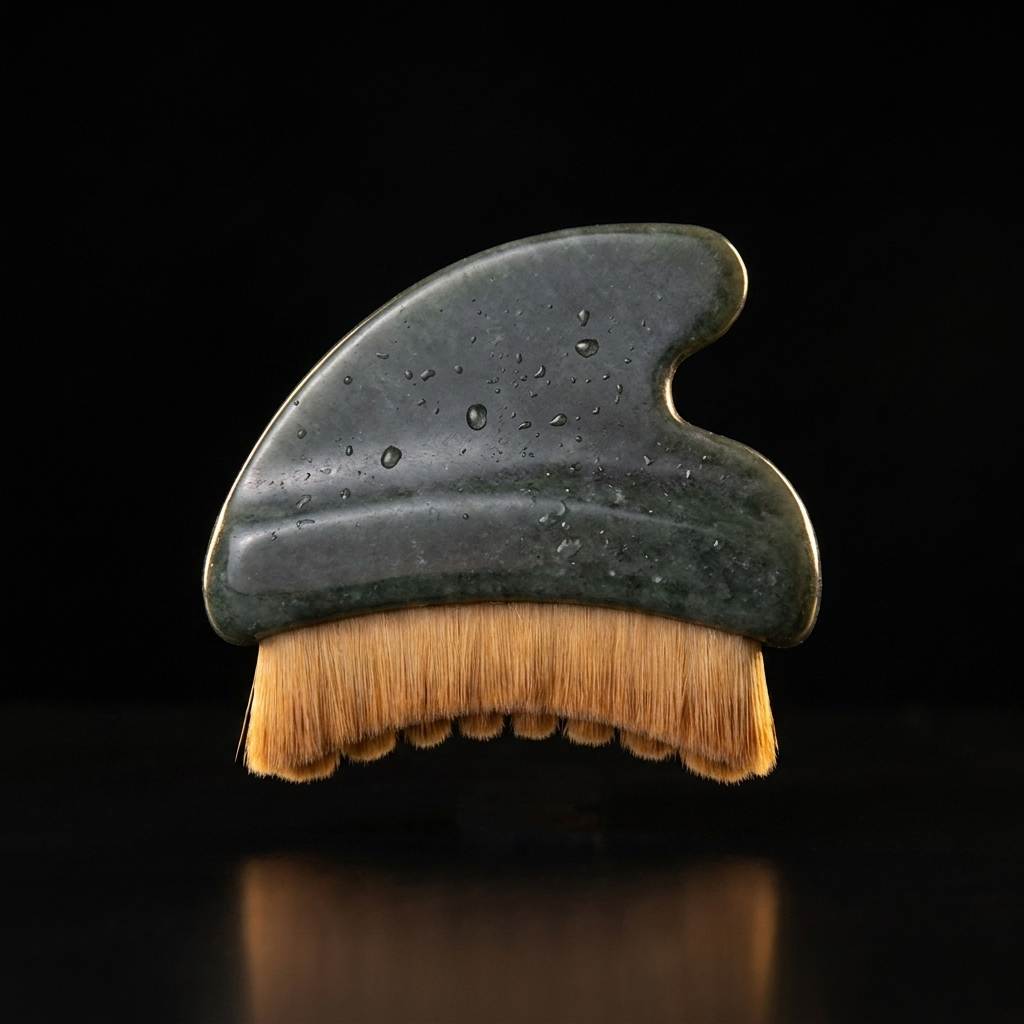ORAVELLE Sculpting Lymphatic Drainage Face Brush - jade stone handle with ultra-soft bristles on black background